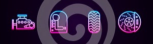 Set line Car engine, Gear shifter, tire and brake disk with caliper. Glowing neon icon. Vector