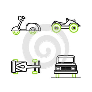 Set line Car, Formula race car, All Terrain Vehicle ATV motorcycle and Scooter icon. Vector