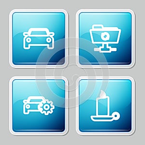 Set line Car, FTP sync refresh, service and Burning candle in candlestick icon. Vector
