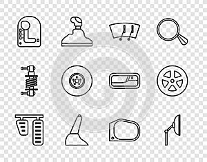 Set line Car gas and brake pedals, Windscreen wiper, handbrake, Gear shifter, disk, mirror and wheel icon. Vector