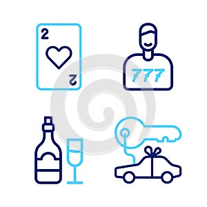 Set line Car gift, Champagne bottle with glass, Lucky player and Playing card heart icon. Vector