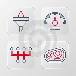 Set line Car headlight, Gear shifter, Speedometer and Funnel and oil drop icon. Vector