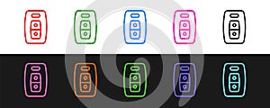 Set line Car key with remote icon isolated on black and white background. Car key and alarm system. Vector