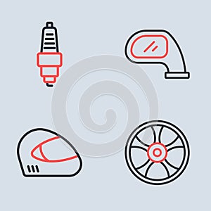 Set line Car mirror, Racing helmet, Alloy wheel for car and spark plug icon. Vector