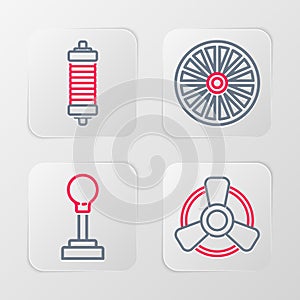 Set line Car motor ventilator, Gear shifter, Alloy wheel and Shock absorber icon. Vector