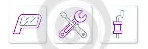 Set line Car muffler, mirror and Screwdriver and wrench tools icon. Vector