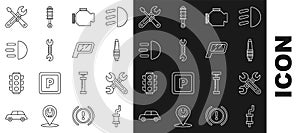 Set line Car muffler, Wrench, spark plug, Check engine, High beam, Screwdriver and wrench tools and mirror icon. Vector
