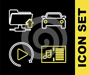 Set line Car, Music book with note, Video play button and FTP folder upload icon. Vector