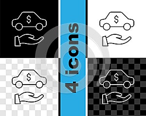 Set line Car rental icon isolated on black and white, transparent background. Rent a car sign. Key with car. Concept for