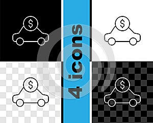 Set line Car rental icon isolated on black and white, transparent background. Rent a car sign. Key with car. Concept for