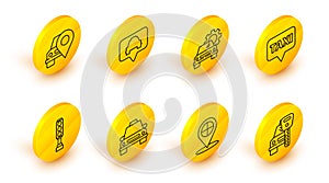 Set line Car rental, Map pointer with taxi, Taxi car, Traffic light, service, and icon. Vector