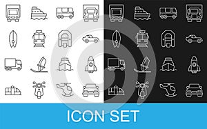 Set line Car, Rocket ship, Bus, Tram and railway, Surfboard, Delivery cargo truck and Rafting boat icon. Vector