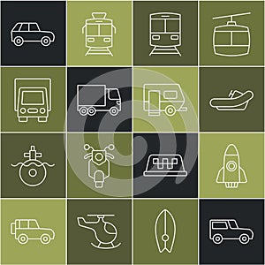 Set line Car, Rocket ship, Rafting boat, Train and railway, Delivery cargo truck, and Rv Camping trailer icon. Vector