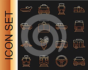 Set line Car, Rv Camping trailer, Train and railway, Tram, Cable car, Off road, Rafting boat and icon. Vector