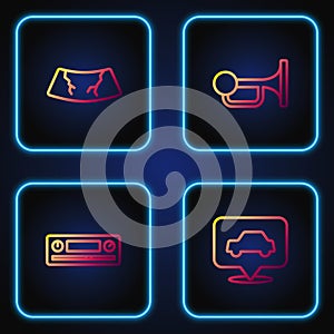 Set line Car service, Audio, Broken windshield and Signal horn on vehicle. Gradient color icons. Vector