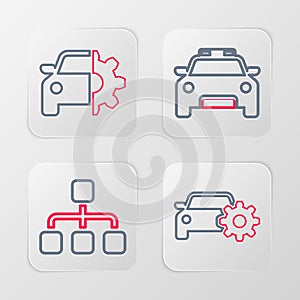 Set line Car service, Hierarchy organogram chart, Police car and flasher and icon. Vector