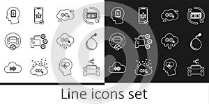 Set line Car sharing, Bomb ready to explode, CO2 emissions cloud, Head with low battery, and Flight mode the mobile icon