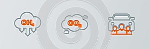 Set line Car sharing, Methane emissions reduction and CO2 cloud icon. Vector