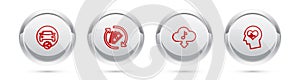 Set line Car sharing, Refund money, Cloud download music and Head with heartbeat. Silver circle button. Vector