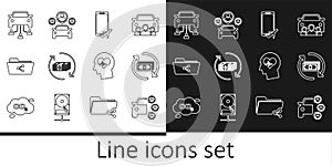 Set line Car sharing, Refund money, Flight mode the mobile, Share folder, Head with heartbeat and icon. Vector