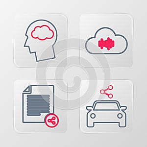 Set line Car sharing, Share file, Music streaming service and Head silhouette with cloud icon. Vector