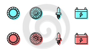 Set line Car spark plug, tire wheel, Alloy for car and battery icon. Vector