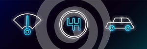 Set line Car, Speedometer and Gear shifter icon. Glowing neon. Vector