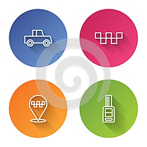 Set line Car, Taxi car roof, Location with taxi and key remote. Color circle button. Vector