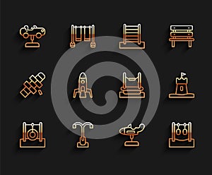 Set line Car tire hanging on rope, Street light, Swing car, plane, Gymnastic rings, Rocket ship, Sand tower and Bungee