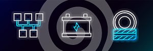 Set line Car tire wheel, Gear shifter and battery icon. Glowing neon. Vector