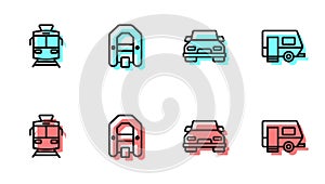 Set line Car, Tram and railway, Rafting boat and Rv Camping trailer icon. Vector