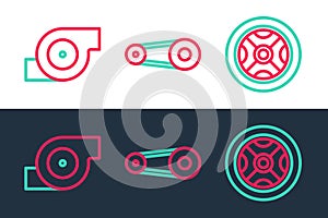Set line Car wheel, Automotive turbocharger and Timing belt kit icon. Vector