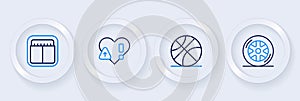 Set line Car wheel, Basketball ball, Heart rate and Sport mechanical scoreboard icon. Vector