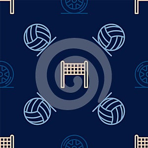 Set line Car wheel, Volleyball ball and net on seamless pattern. Vector