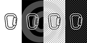 Set line Carabiner icon isolated on black and white background. Extreme sport. Sport equipment. Vector Illustration.