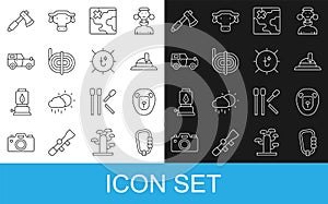 Set line Carabiner, Wild lion, Hunter hat, Africa safari map, Climber rope, Off road car, Wooden axe and Sun icon