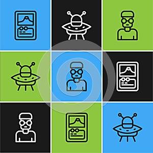 Set line Card game, Nerd geek and UFO flying spaceship icon. Vector