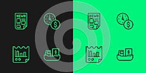 Set line Cargo ship with boxes delivery, Document graph chart, News and Time is money icon. Vector