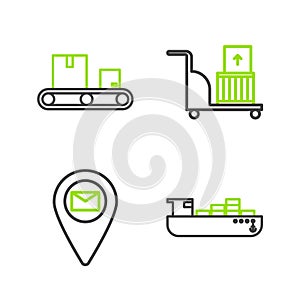 Set line Cargo ship with boxes delivery service, Placeholder on map paper, Electric hand truck and and Conveyor belt