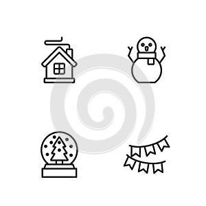Set line Carnival garland with flags, Christmas snow globe, Merry house and snowman icon. Vector