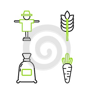 Set line Carrot, Bag of flour, Cereals with rice, wheat, corn, oats, rye and Scarecrow icon. Vector