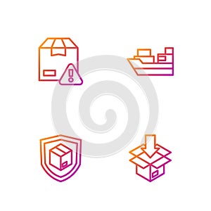 Set line Carton cardboard box, Delivery security with shield, and Cargo ship boxes delivery. Gradient color icons