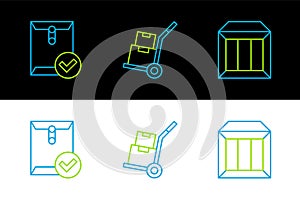 Set line Carton cardboard box, Envelope and check mark and Hand truck boxes icon. Vector