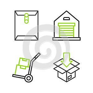 Set line Carton cardboard box, Hand truck and boxes, Warehouse and Envelope icon. Vector