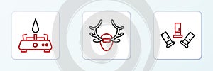 Set line Cartridges, Camping gas stove and Deer antlers on shield icon. Vector