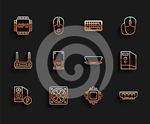 Set line Case of computer, Computer cooler, Processor with CPU, RAM, random access memory, Optical disc drive, and