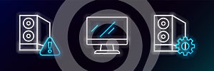 Set line Case of computer, and Computer monitor screen icon. Glowing neon. Vector