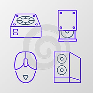 Set line Case of computer, Computer mouse, Optical disc drive and cooler icon. Vector