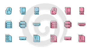 Set line Case of computer, Laptop, Computer mouse, Processor with CPU, RAM, random access memory, Server, Data, Web