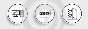 Set line Case of computer, Computer monitor and SSHD card icon. Vector